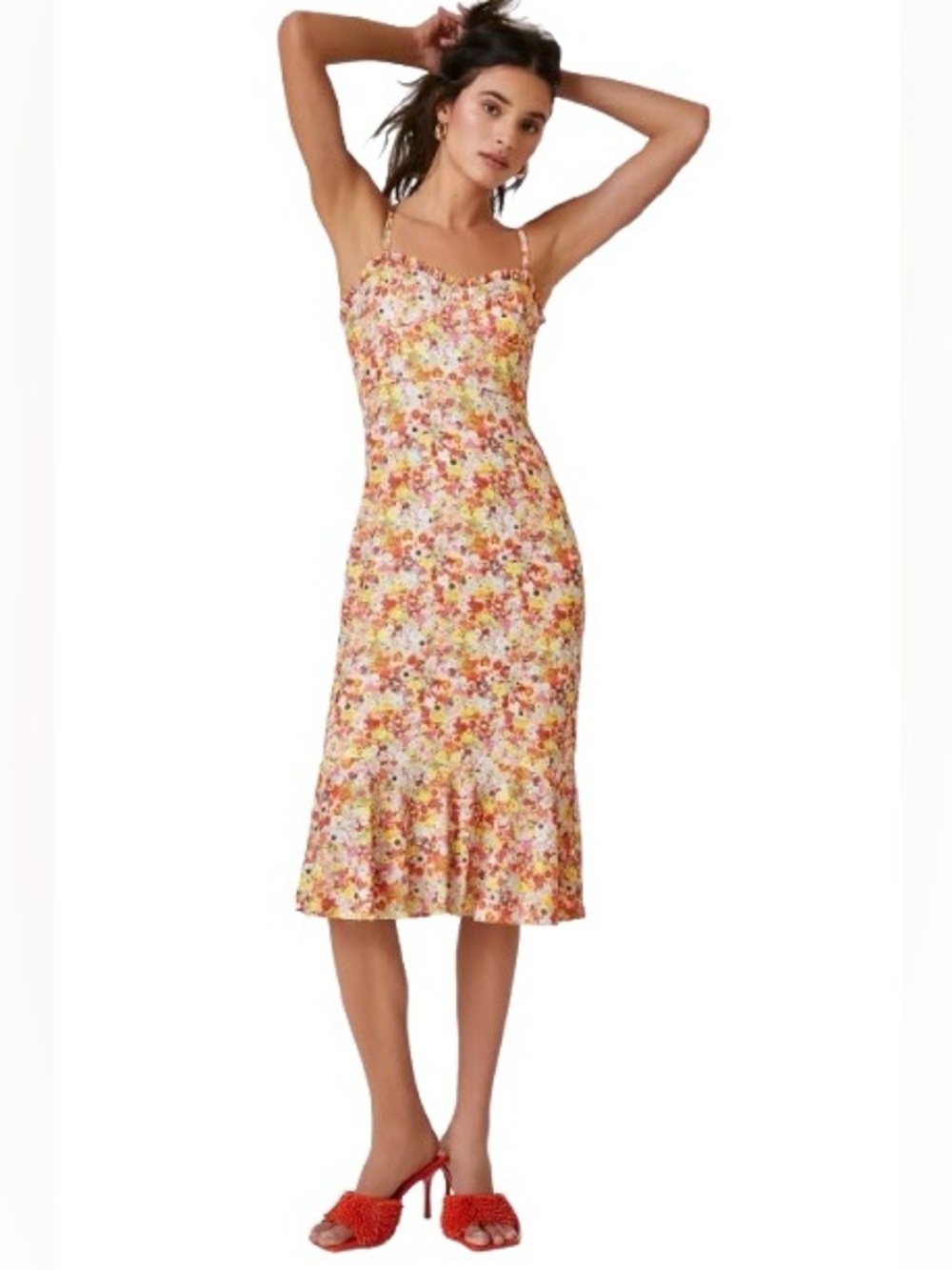 HUTCH Terry Cloth Floral Dress Summer Midi Designer Orange Medium Boho Beach